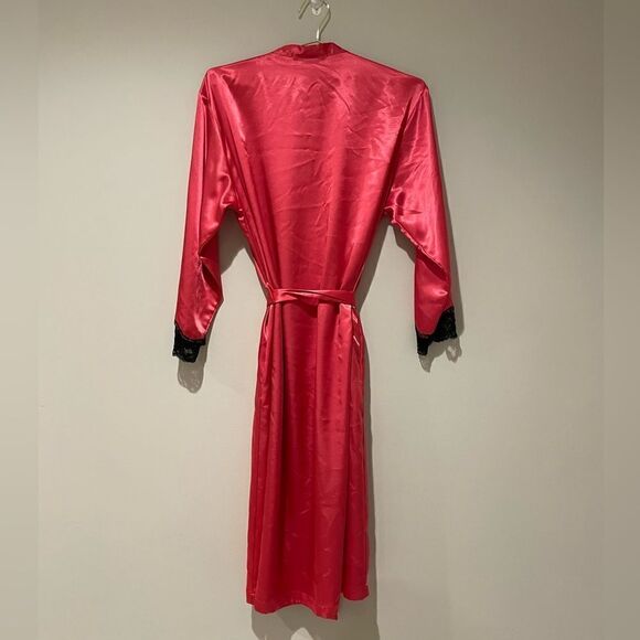 EUC Vintage Oscar de la Renta Red/Pink Satin Polyester Robe Sz. L Black Lace - Picture 4 of 5
